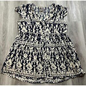 Vanessa Virginia Anthropologie Ikat Tunic Top Navy Cream Empire Waist Large boho